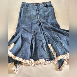 Vintage 90's/Y2K Unique Hollywood Denim Midi Skirt with Ruffle Asymmetri…
